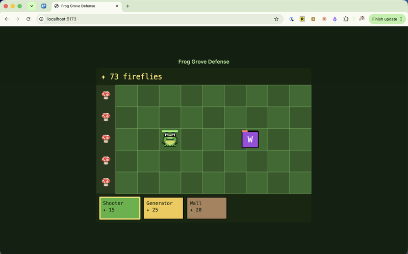 The /grill-me-with-docs version: a sparse grid with a single frog and a wall