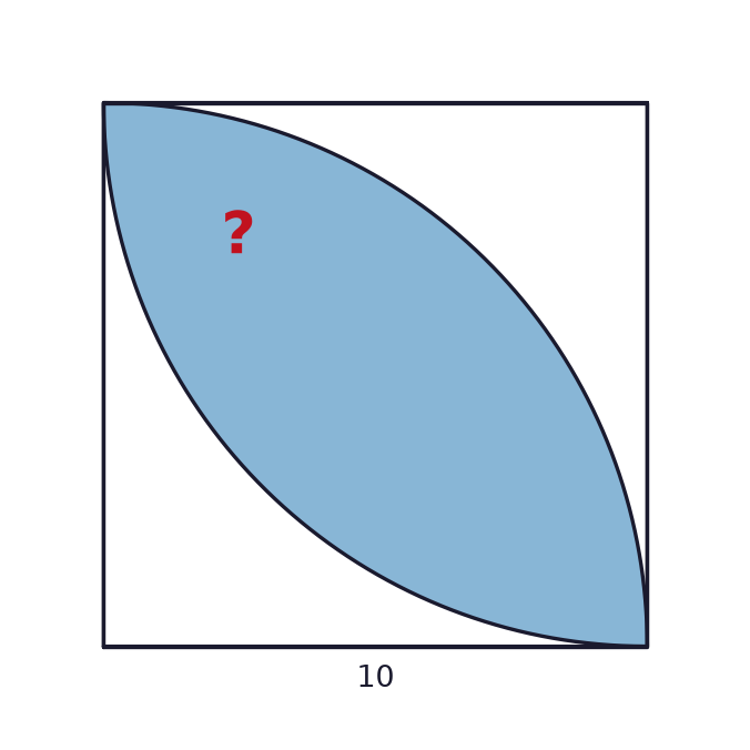 Inside a square of side 10 cm, two quarter-circle arcs of radius 10 cm are drawn, centered at opposite corners. Find the shaded leaf-shaped area between them.