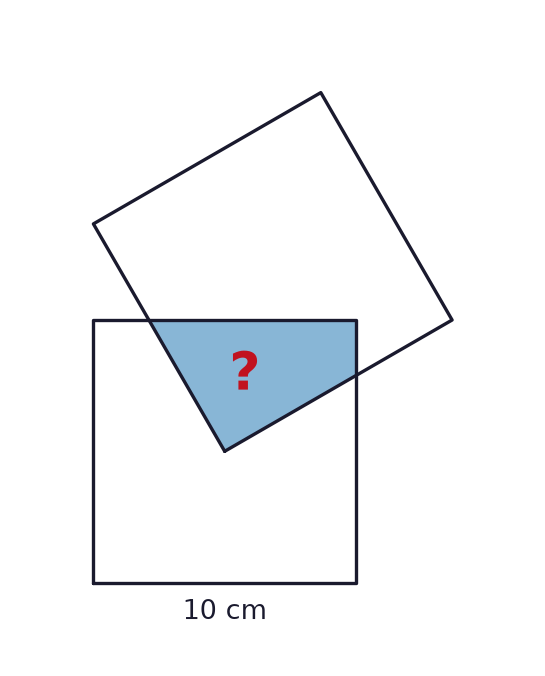Both squares have side 10 cm. A corner of the tilted square lies exactly at the center of the other square. Find their shaded overlap area. The angle of rotation is not given.