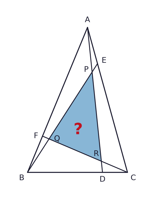 Triangle ABC has area 104 cm². D, E and F lie on BC, CA and AB, respectively, with BD:DC = CE:EA = AF:FB = 3:1. Draw AD, BE and CF. P is the intersection of AD and BE, Q of BE and CF, and R of CF and AD. Find the shaded area of triangle PQR.