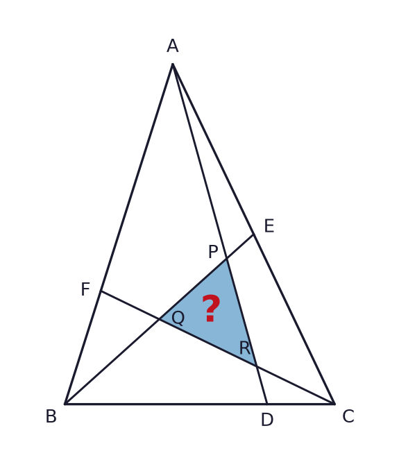 Triangle ABC has area 252 cm². D, E and F lie on BC, CA and AB, respectively. This time BD:DC = 3:1, CE:EA = 1:1 and AF:FB = 2:1. P is the intersection of AD and BE, Q of BE and CF, and R of CF and AD. Find the shaded area of triangle PQR.