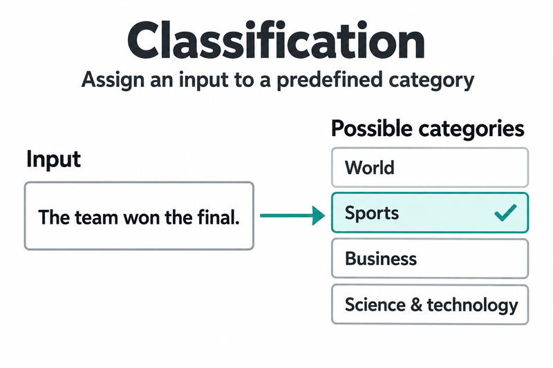 The headline "The team won the final" is assigned to Sports from four possible news categories.
