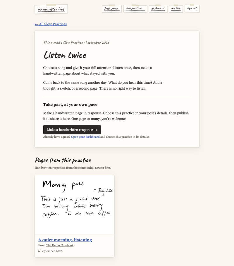An example Slow Practice with its invitation and contributed pages