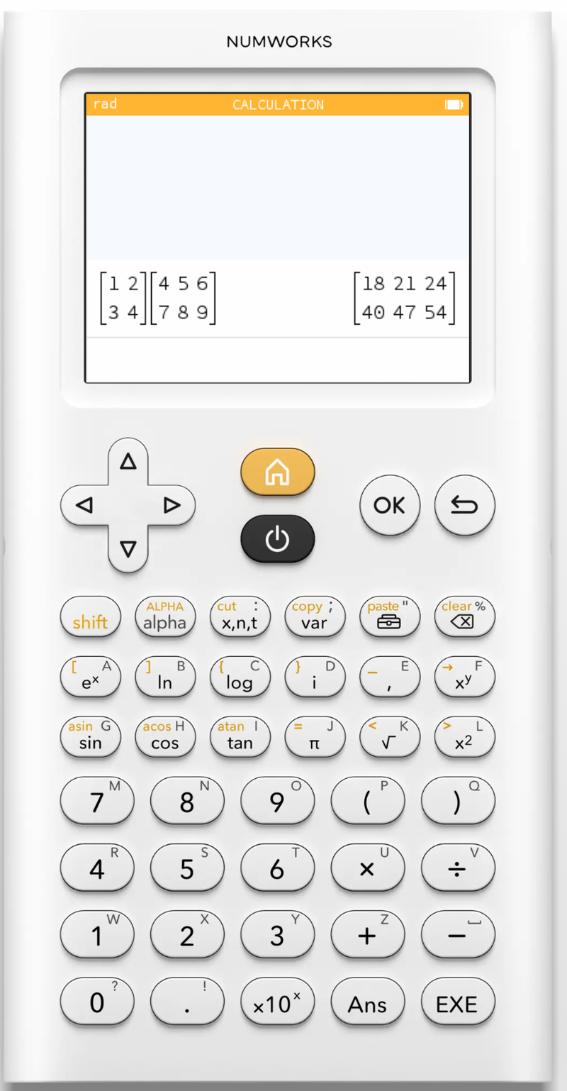 A NumWorks calculator multiplying two matrices and displaying the result: rows [18, 21, 24] and [40, 47, 54].
