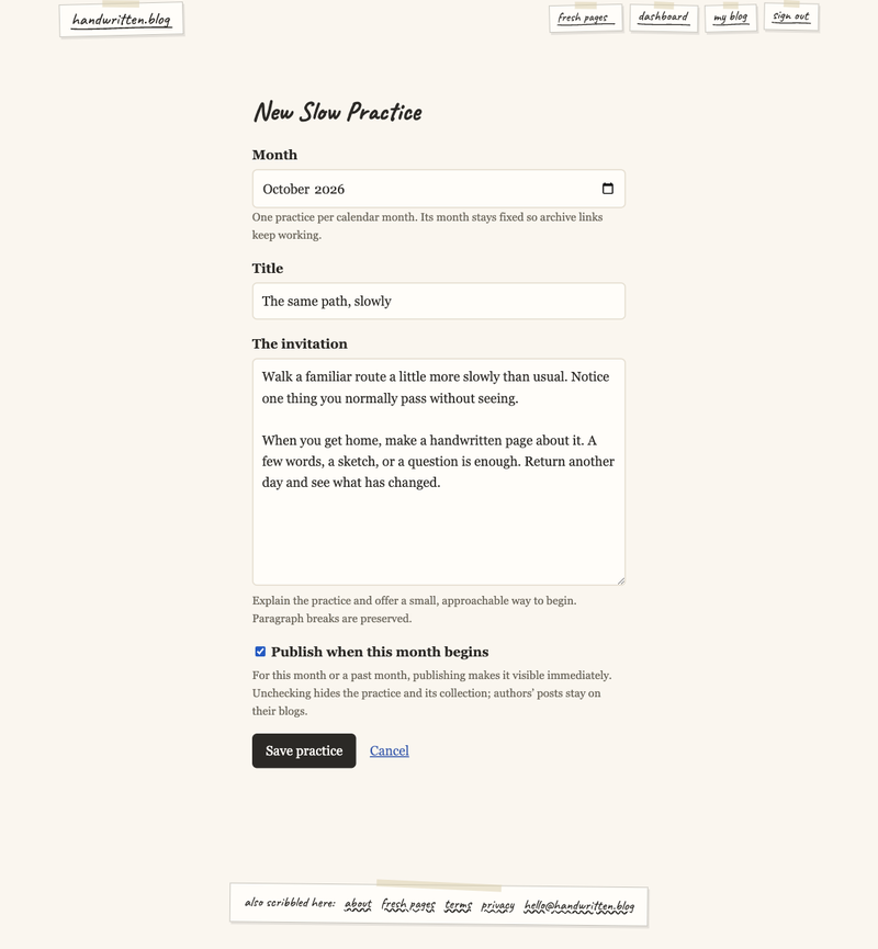The operator's form for creating a practice, filled with example content