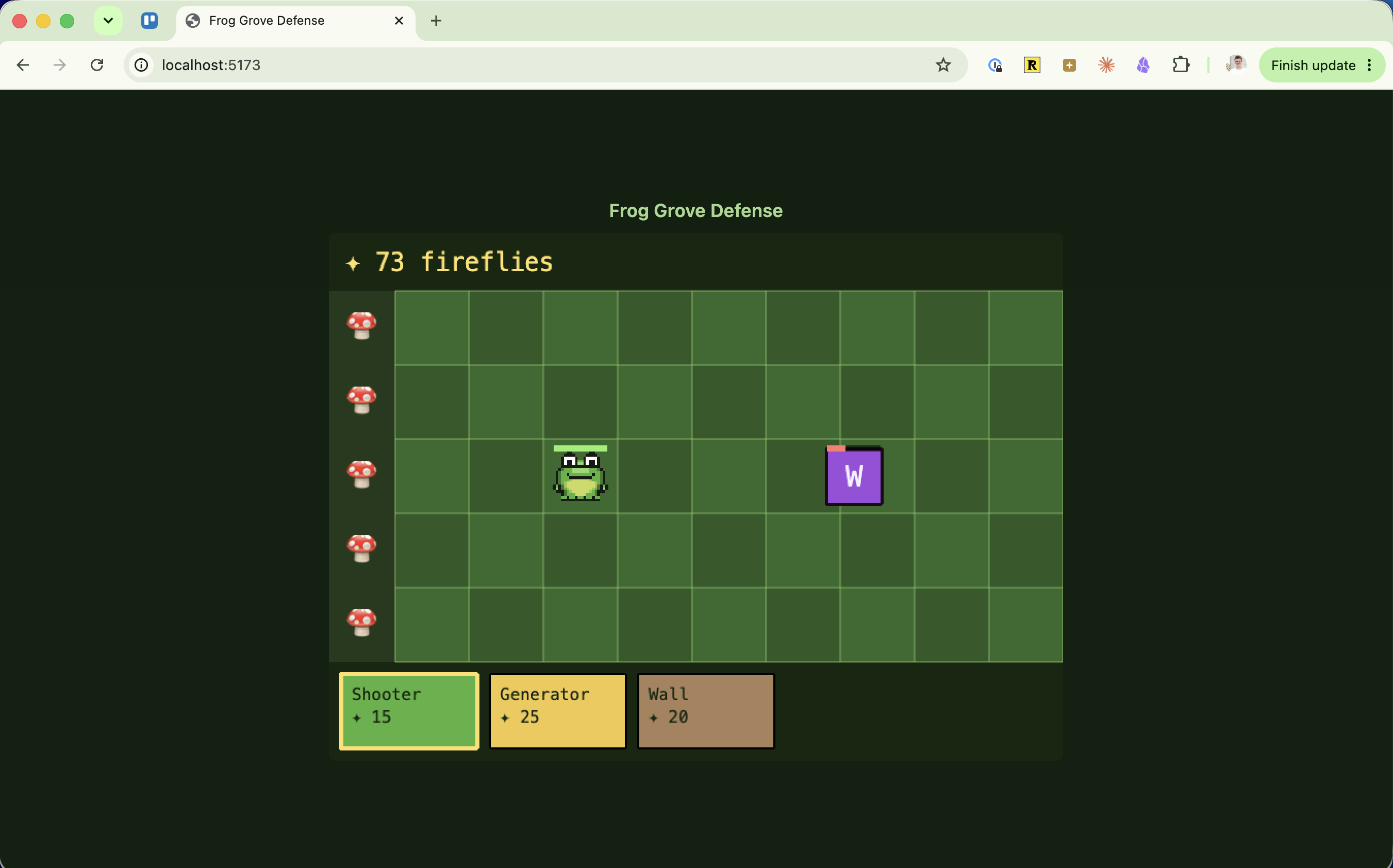 The /grill-me-with-docs version: a sparse grid with a single frog and a wall